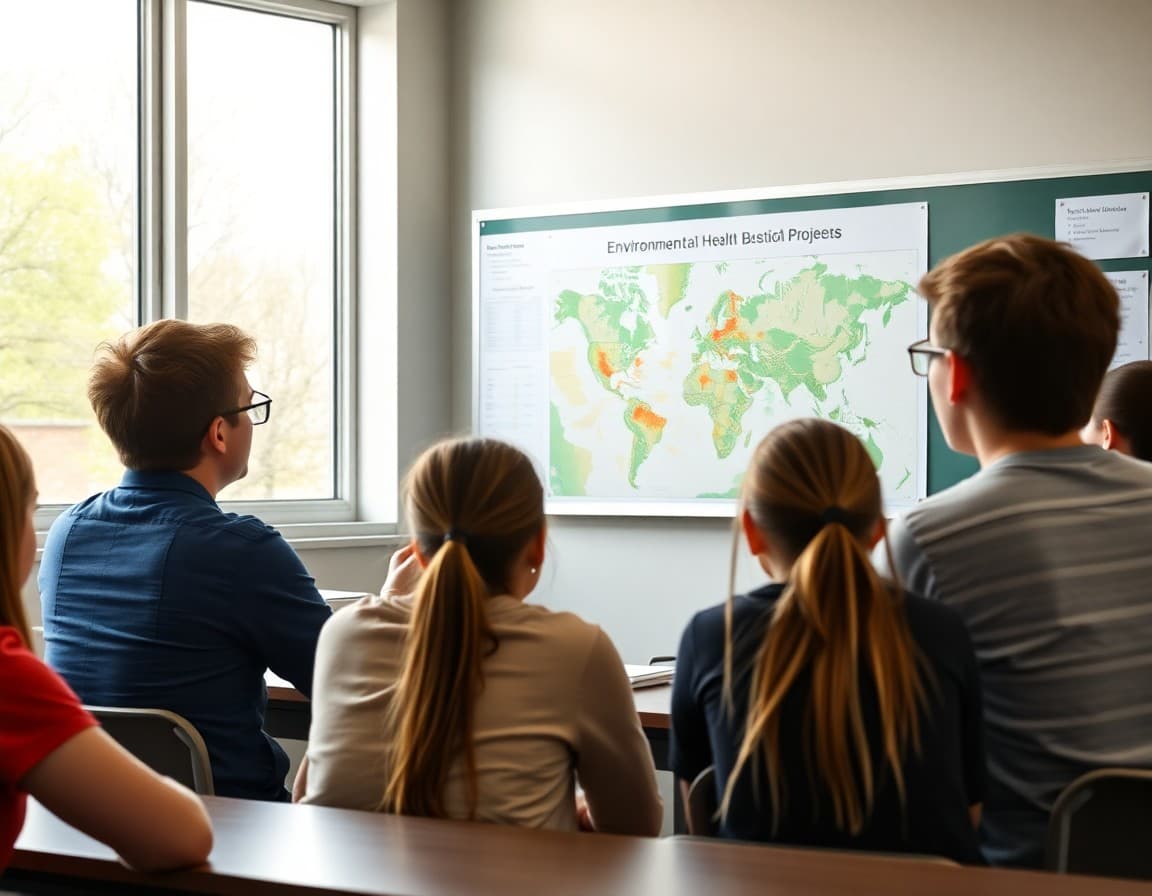 Teacher presenting environmental health data to high school students with a map display