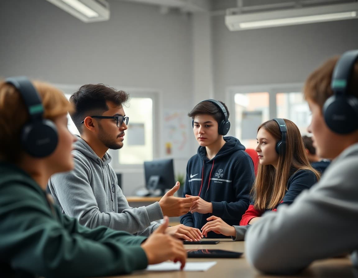 Esports coach reviewing strategy with students during a high school practice session