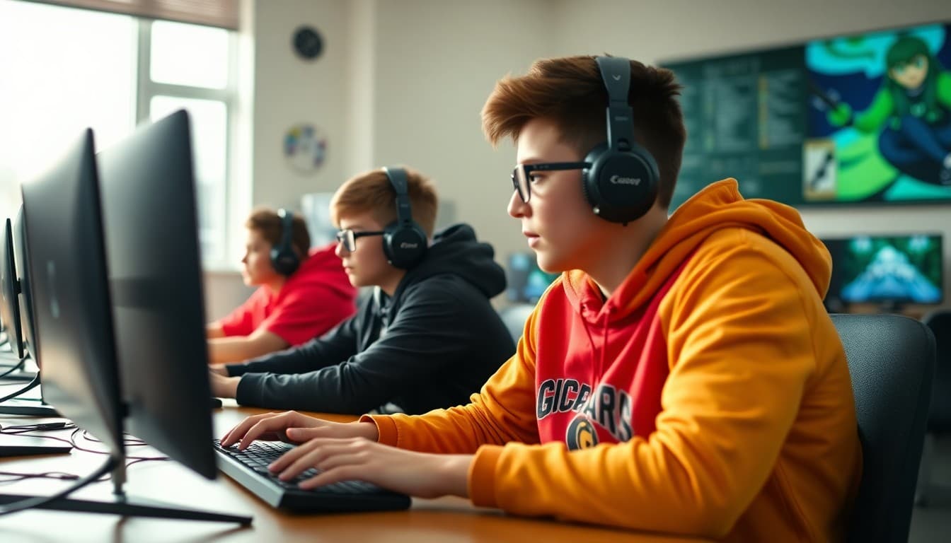 High school esports team competing at gaming stations in a dedicated esports lab