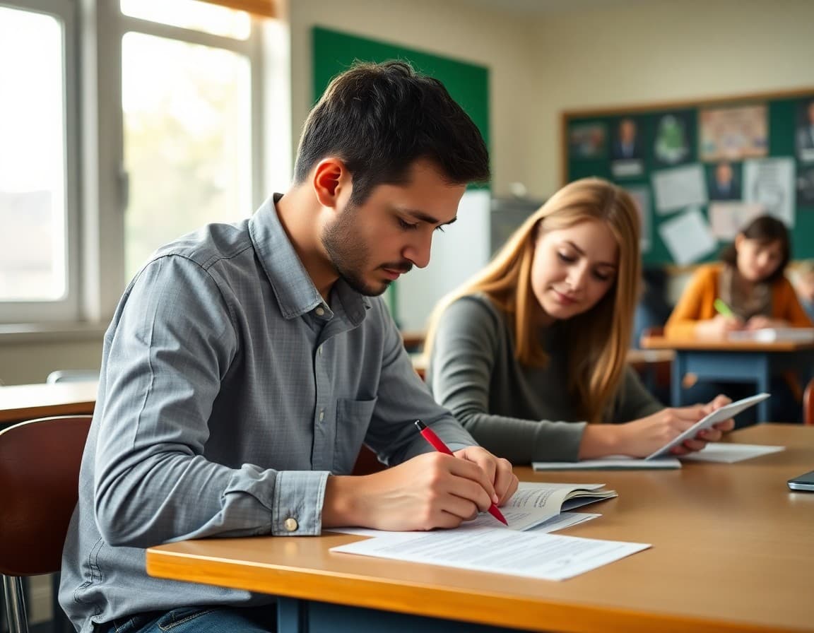 Teacher reviewing student essay drafts at a table with red pen markings