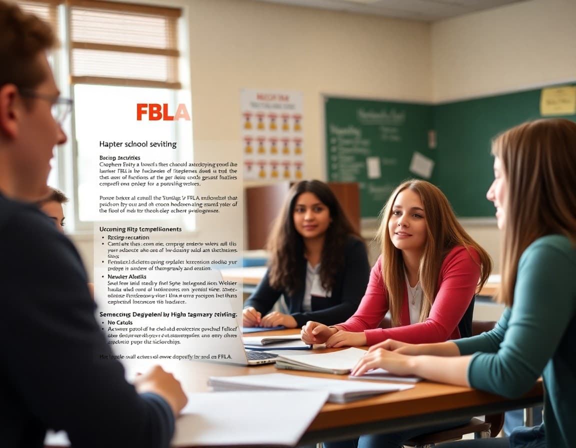 High school FBLA Chapter newsletter showing chapter activities, upcoming competitions, and membership requirements