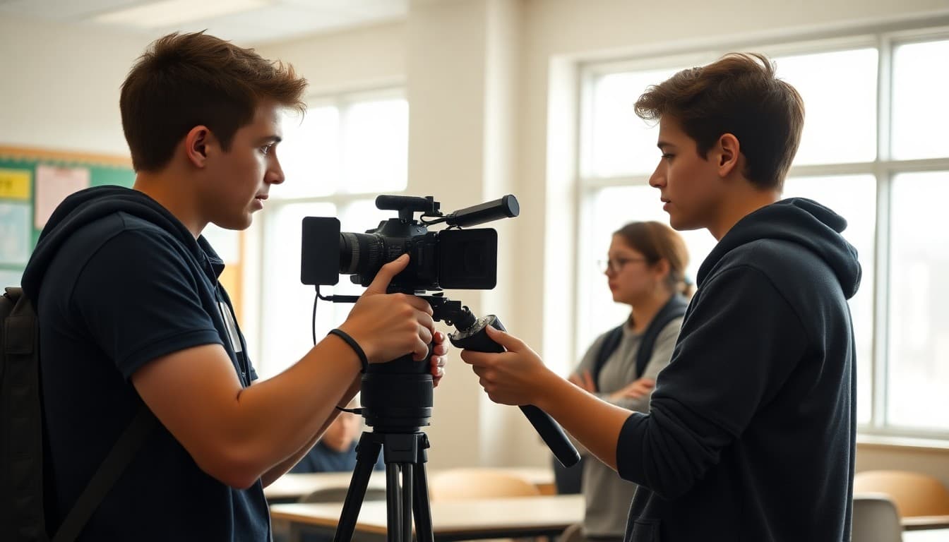 High school film club students operating a camera during a short film shoot on campus