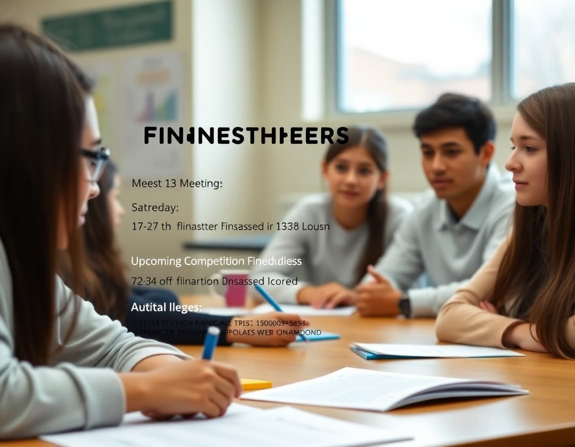 High school financial literacy club newsletter showing meeting schedule, upcoming competition details, and financial topics covered