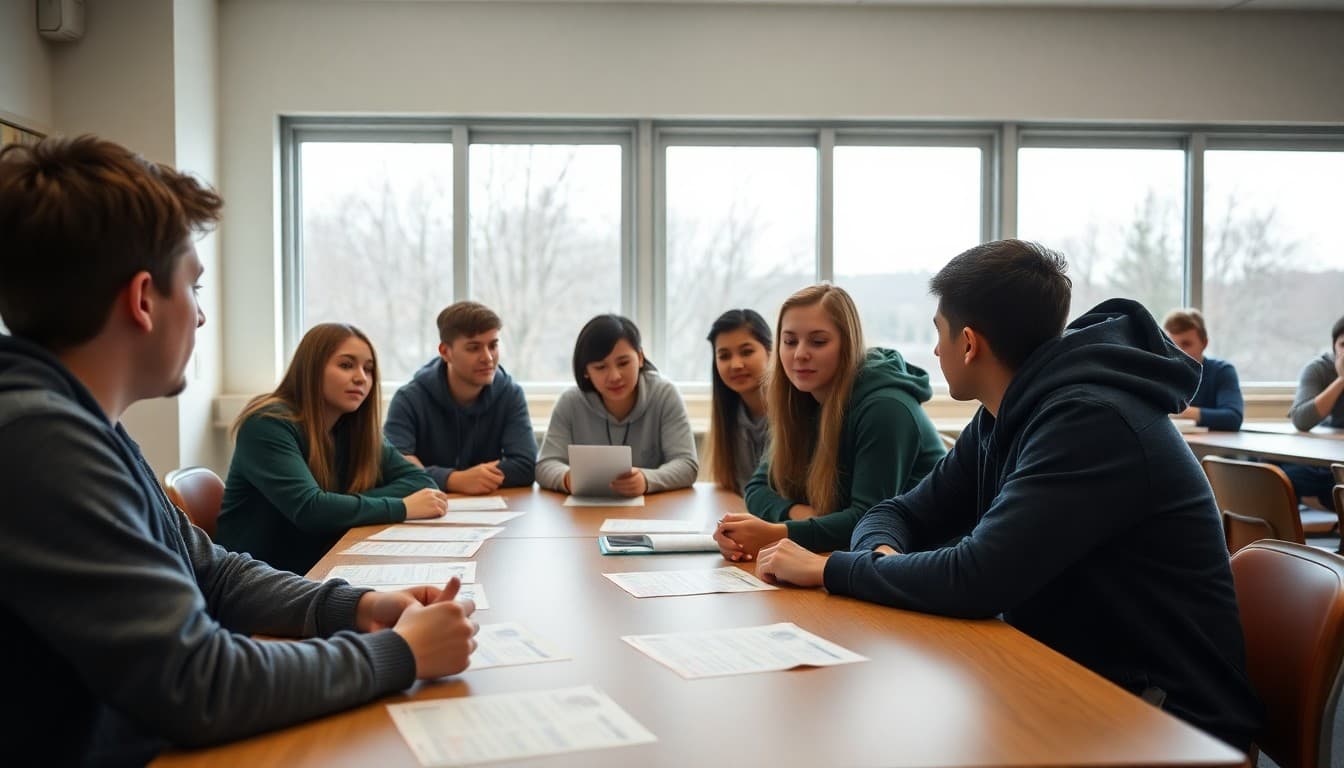 High school students attending a financial literacy club meeting with budgeting worksheets on table