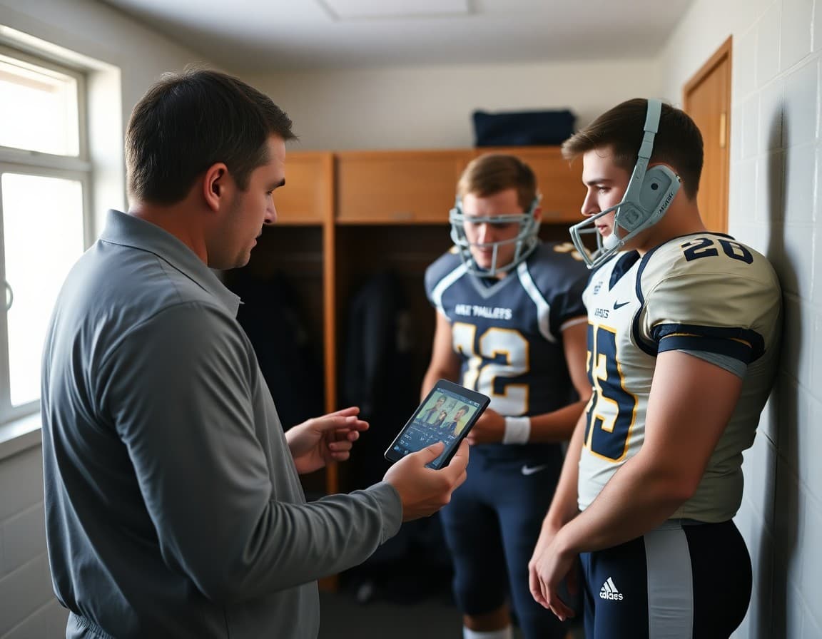Football coach reviewing game film with players on a tablet in the locker room