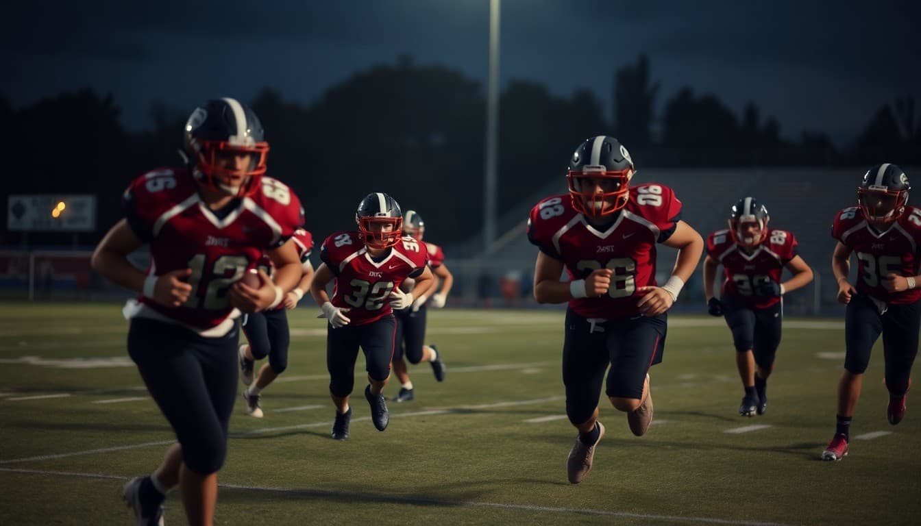 High school football players running a play during a Friday night game under stadium lights