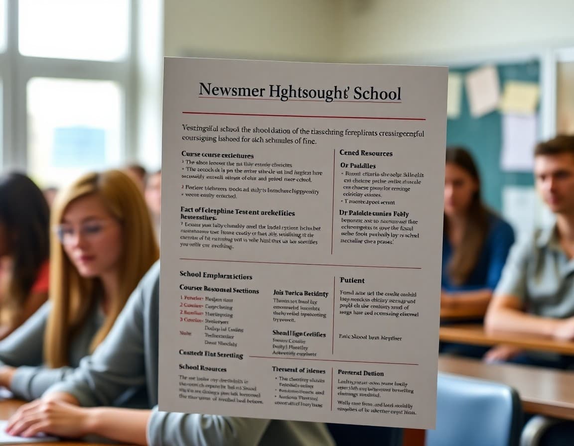 High school freshman orientation newsletter showing course expectations, school resources, and schedule overview