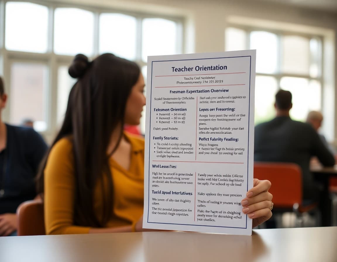 Teacher newsletter showing freshman orientation schedule, academic expectations overview, and family support tips for high school transition