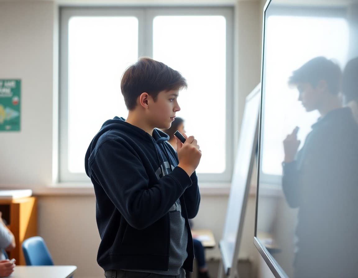 Student writing notes on a whiteboard preparing a genius talk presentation