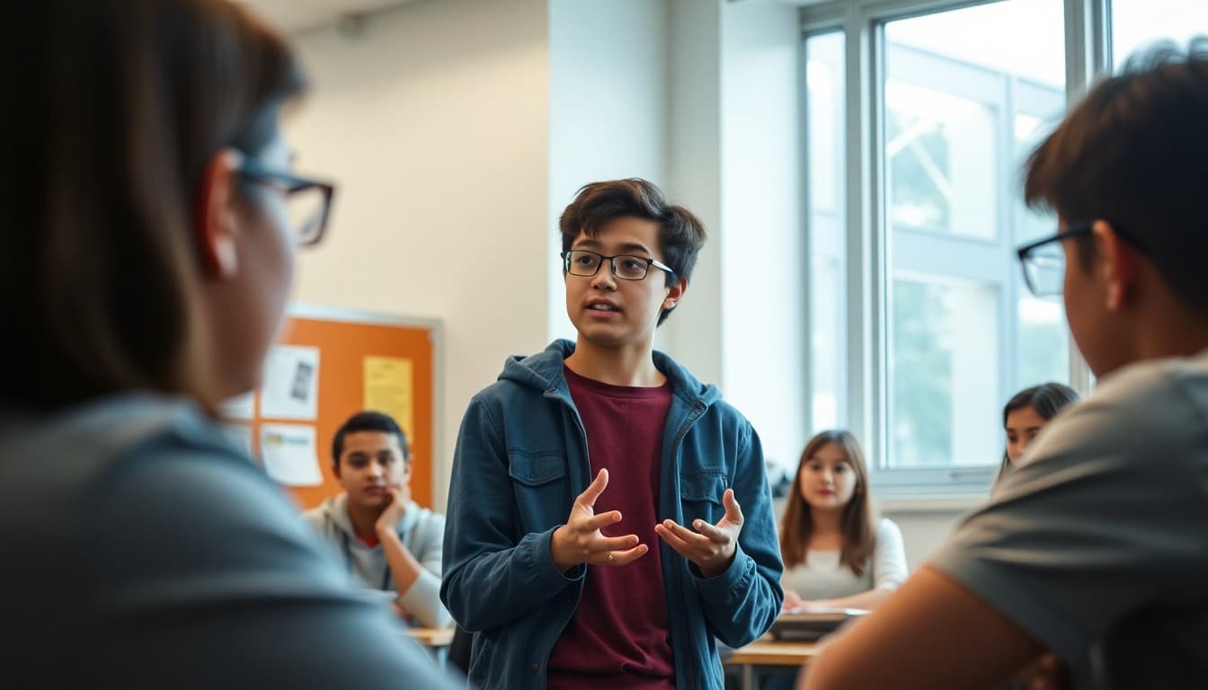 High school student presenting an original idea to a small group of engaged classmates