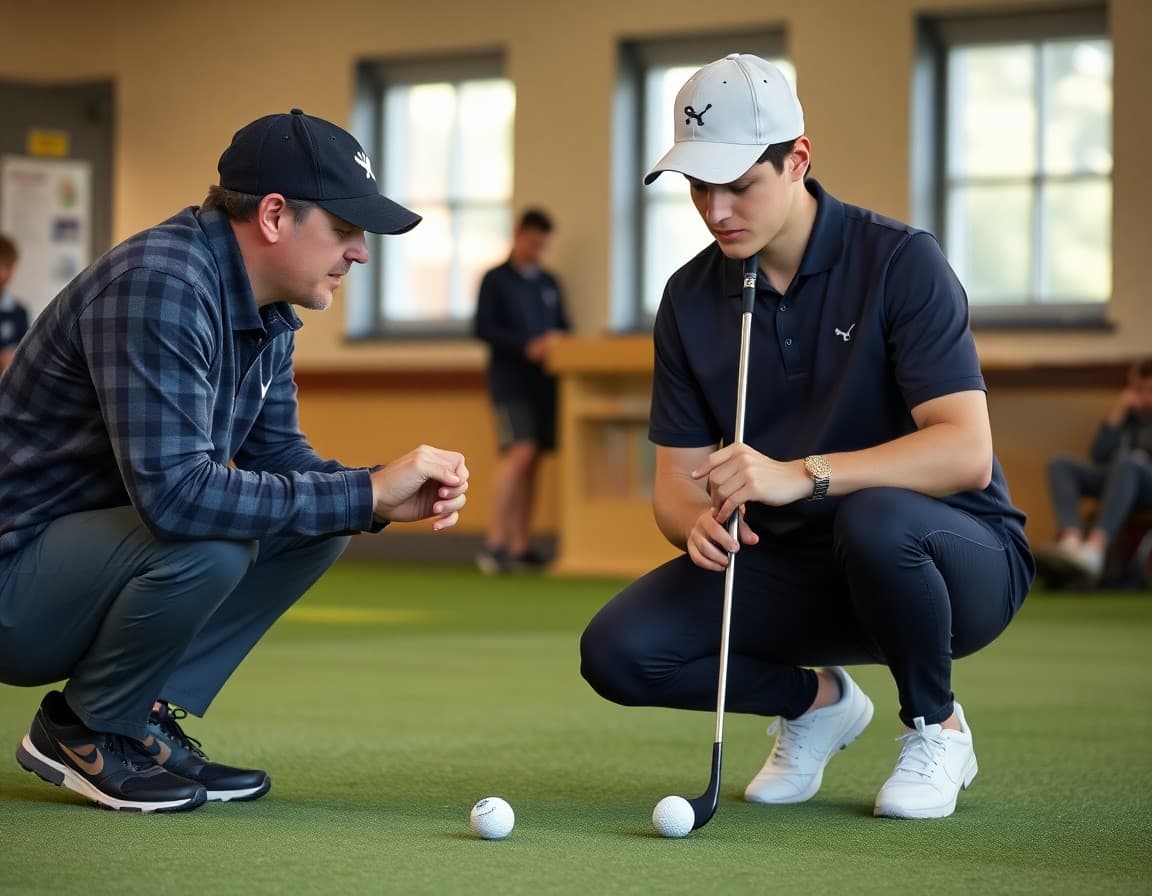 Golf coach reviewing putting technique with a student athlete on the practice green