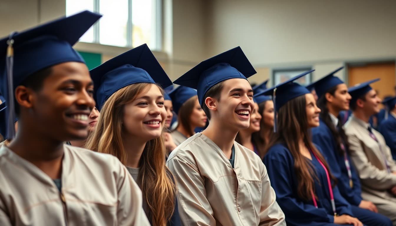 High school seniors in caps and gowns celebrating at graduation rehearsal with teacher visible