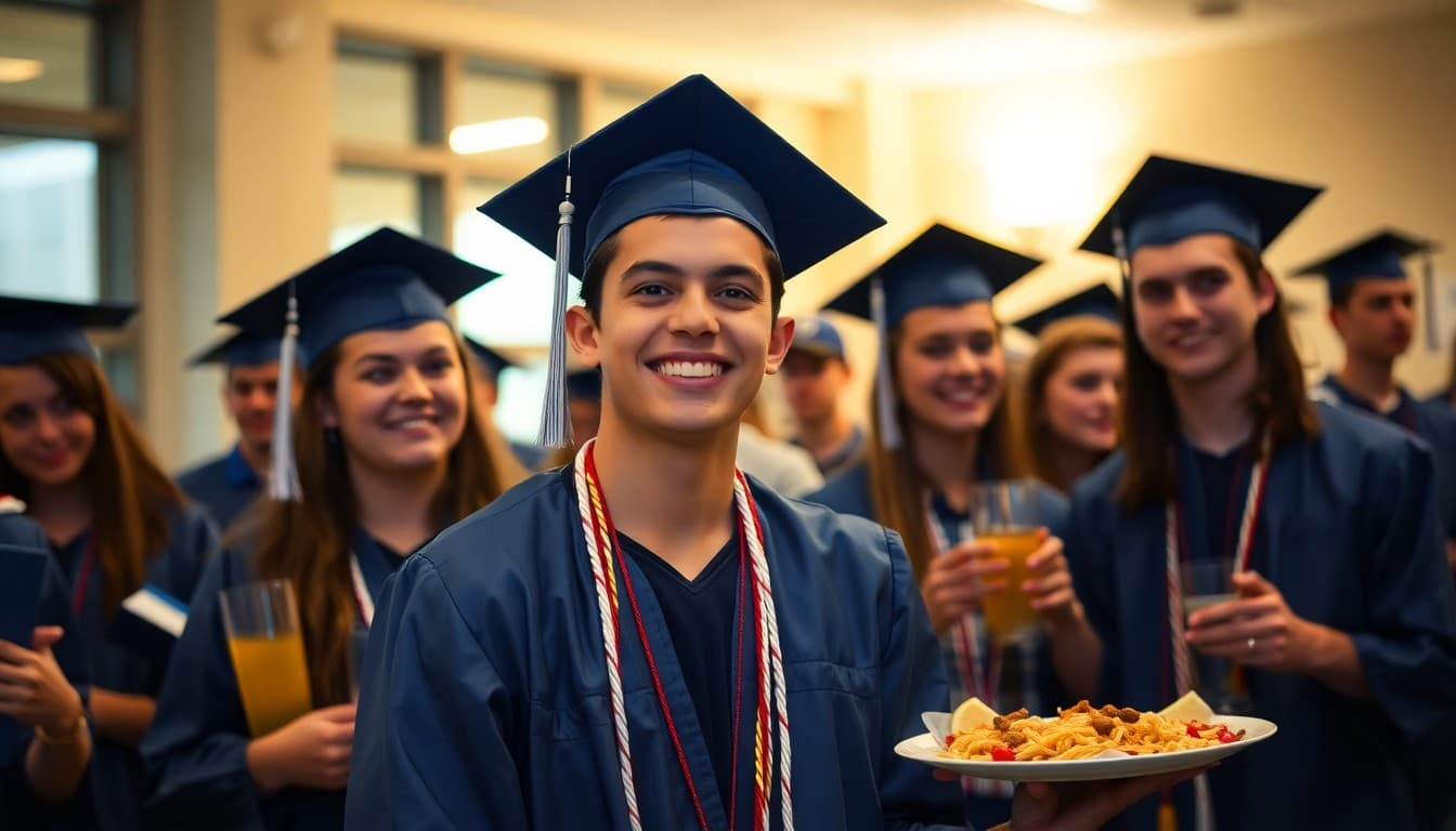 High school seniors celebrating graduation night at supervised Project Graduation event with activities and food