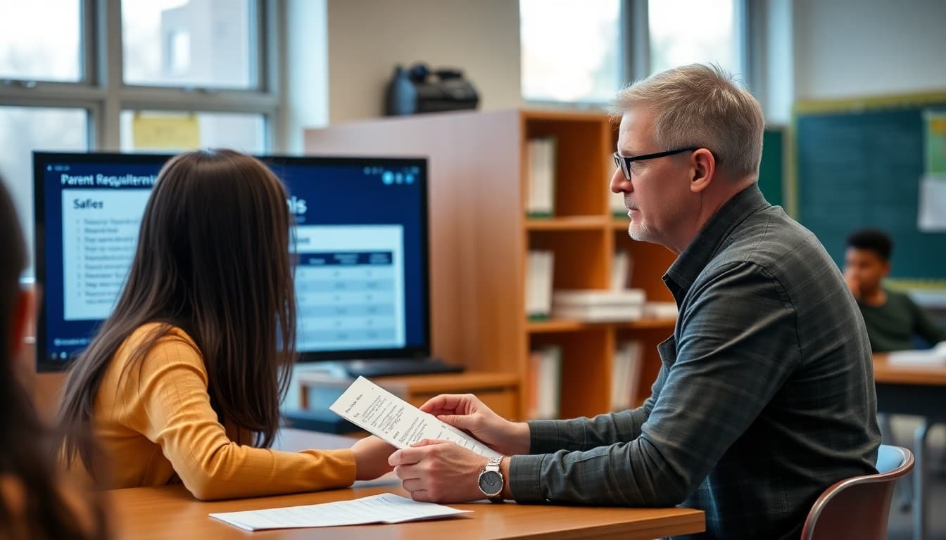 High school teacher reviewing graduation requirements checklist with parent newsletter visible on screen