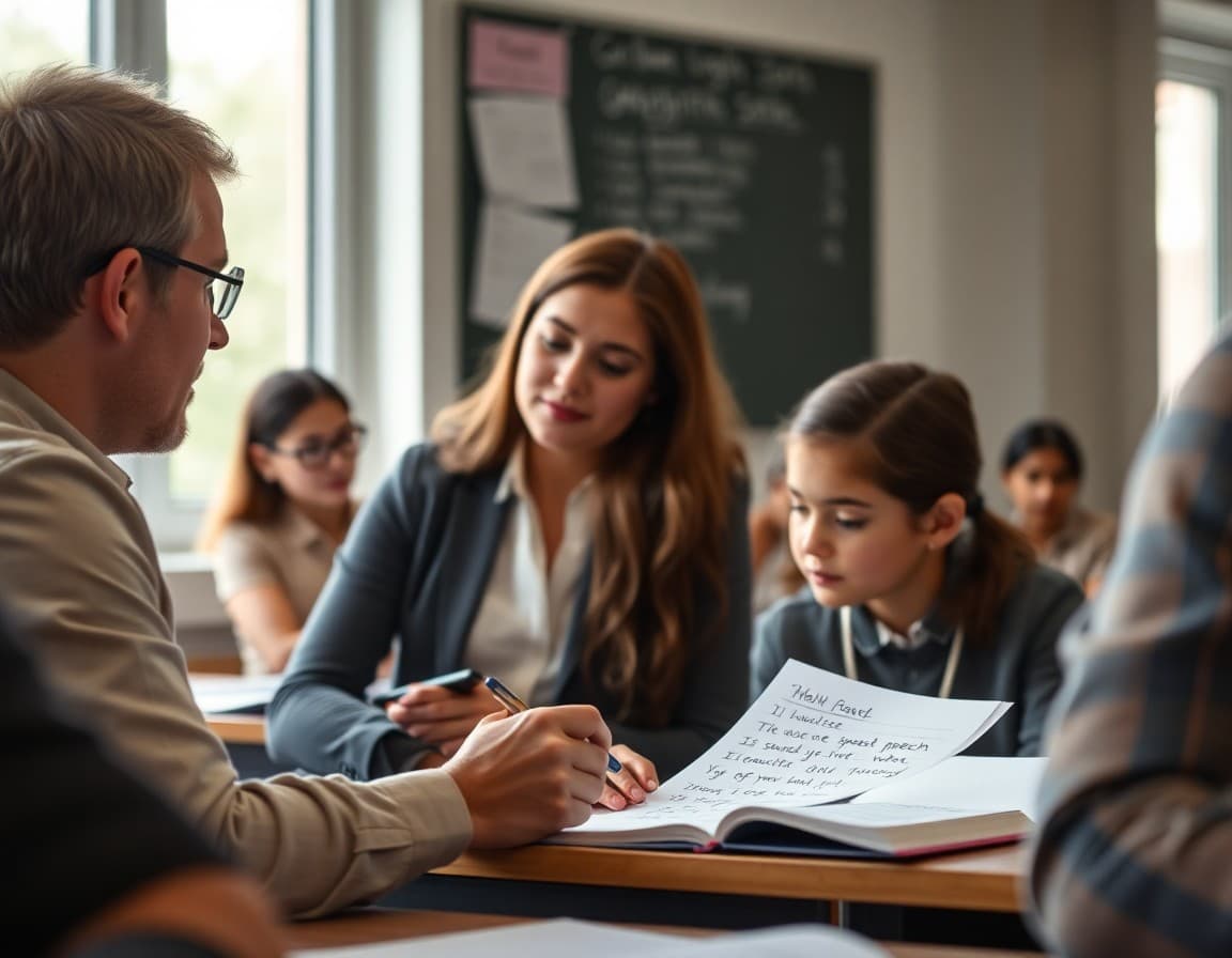 Teacher reviewing a student graduation speech draft with handwritten feedback in an English class