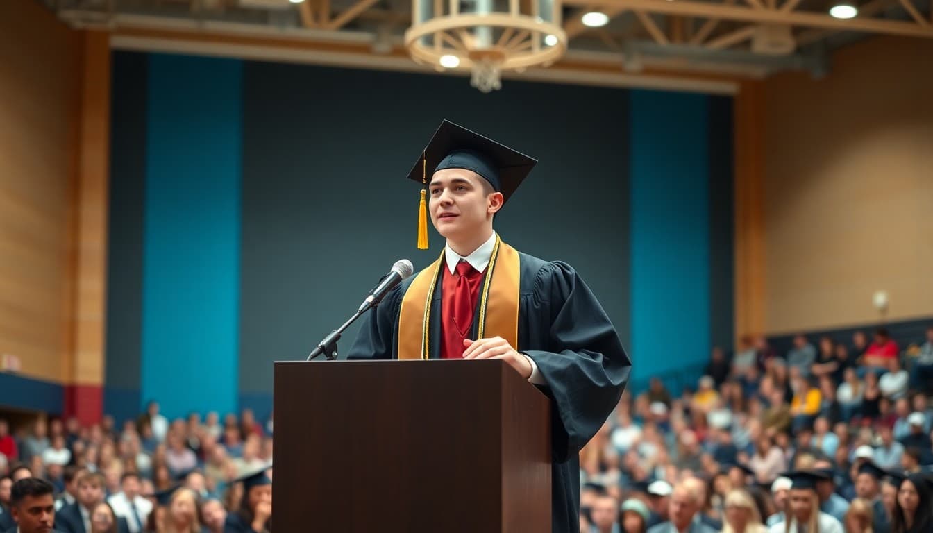High school senior delivering a graduation speech at a podium to a large audience in a gymnasium