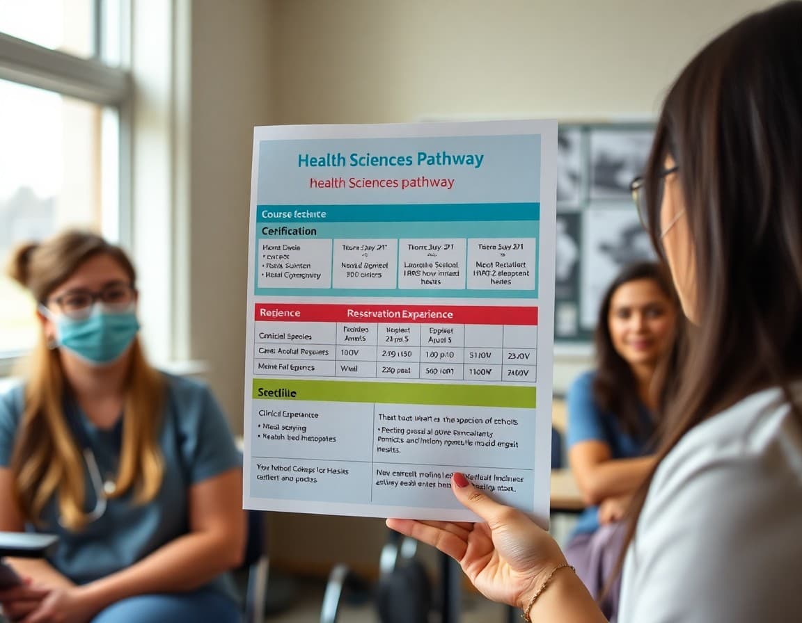 Teacher newsletter showing health sciences pathway course sequence, certification options, and clinical experience schedule