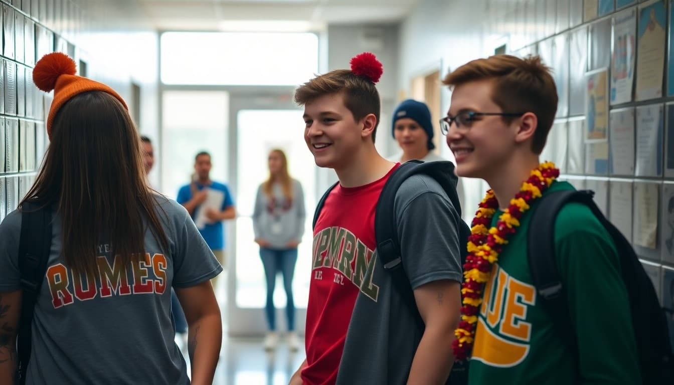 High school students in spirit week attire celebrating homecoming week with teacher visible in hallway