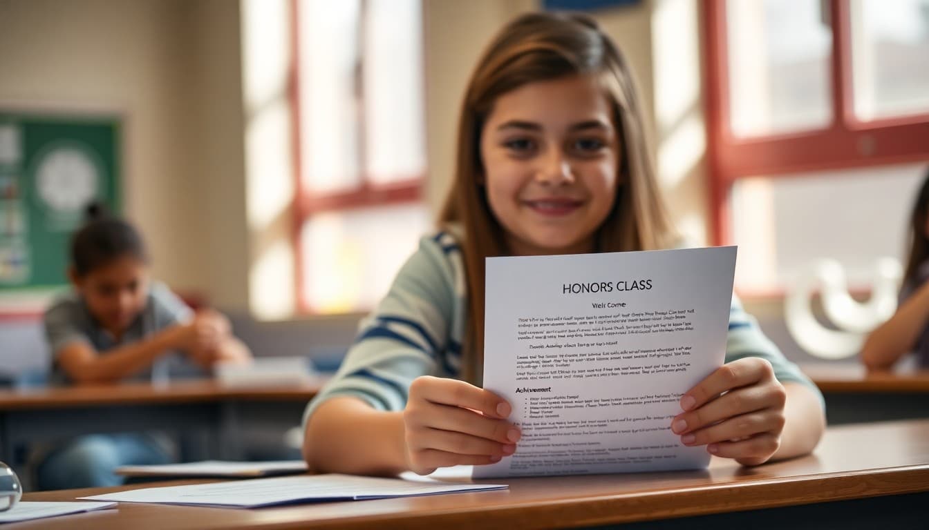 High school student receiving honors class welcome letter with course syllabus and achievement goals on desk