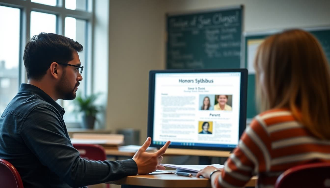 High school honors teacher reviewing course syllabus with parent communication newsletter on screen