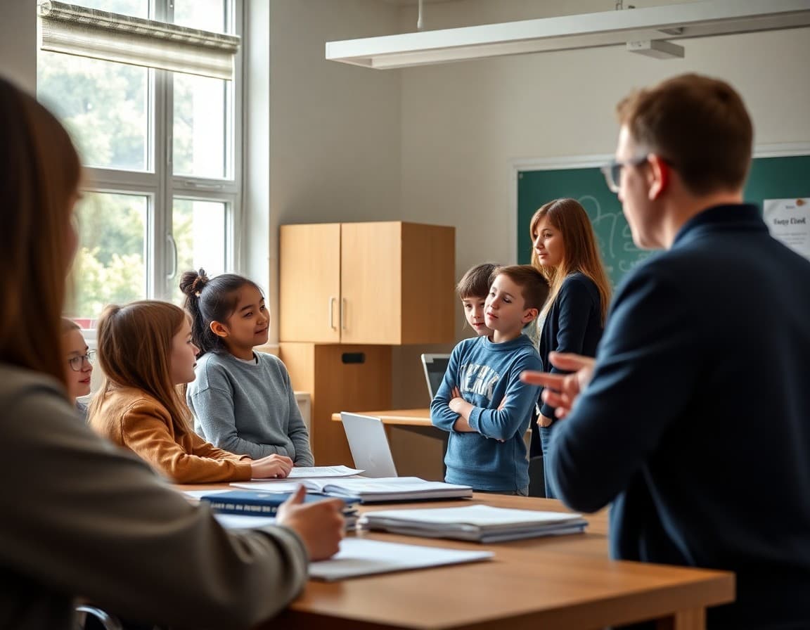 Students presenting a design solution to classmates and teacher during a design thinking class