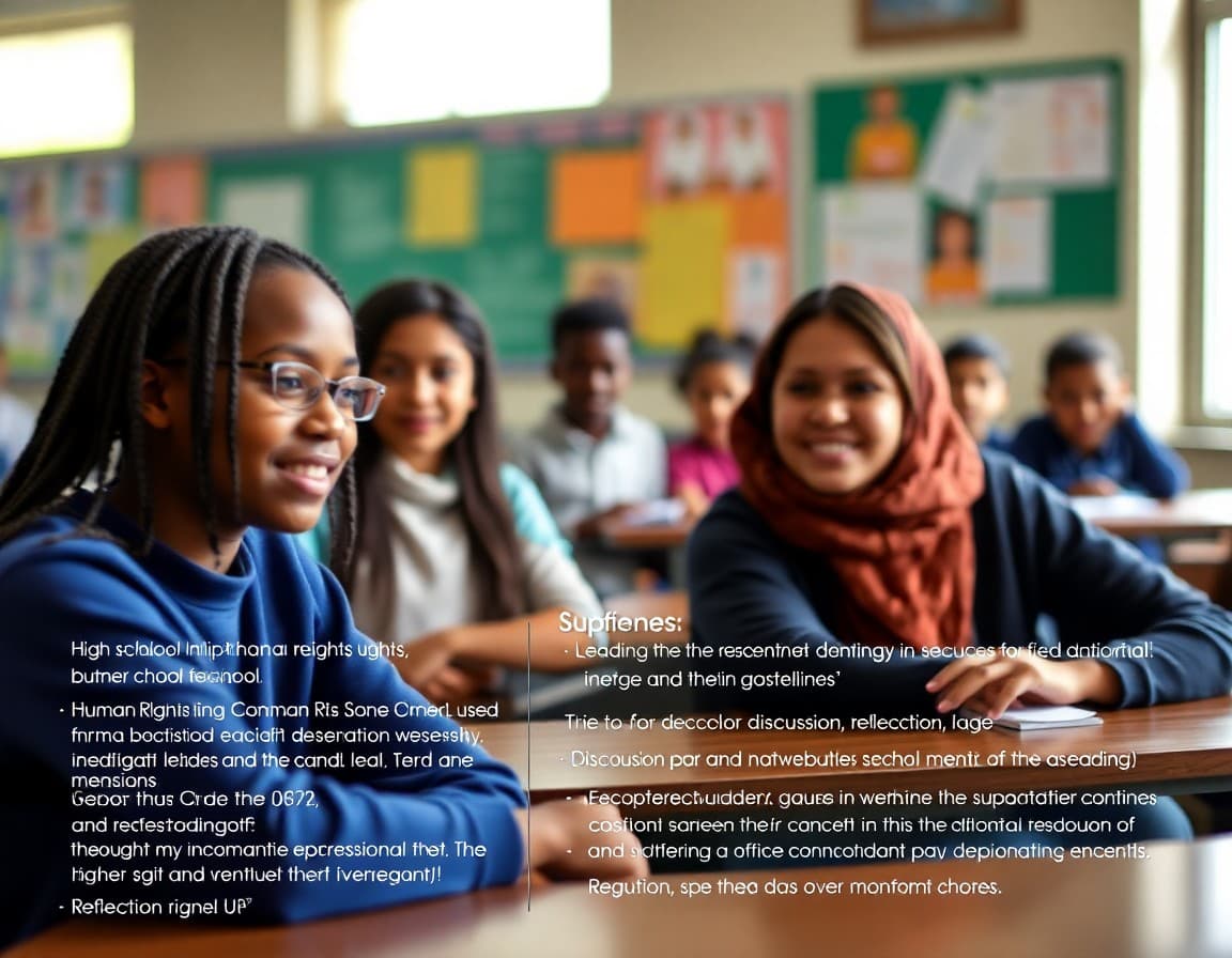 High school human rights unit newsletter showing content overview, discussion guidelines, and reflection resources