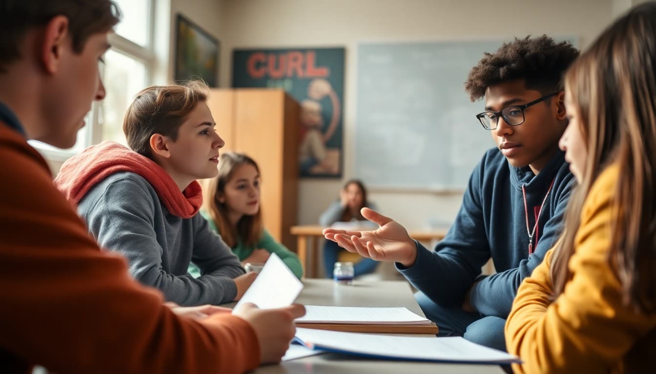 High school students discussing a human rights documentary with teacher guiding the conversation