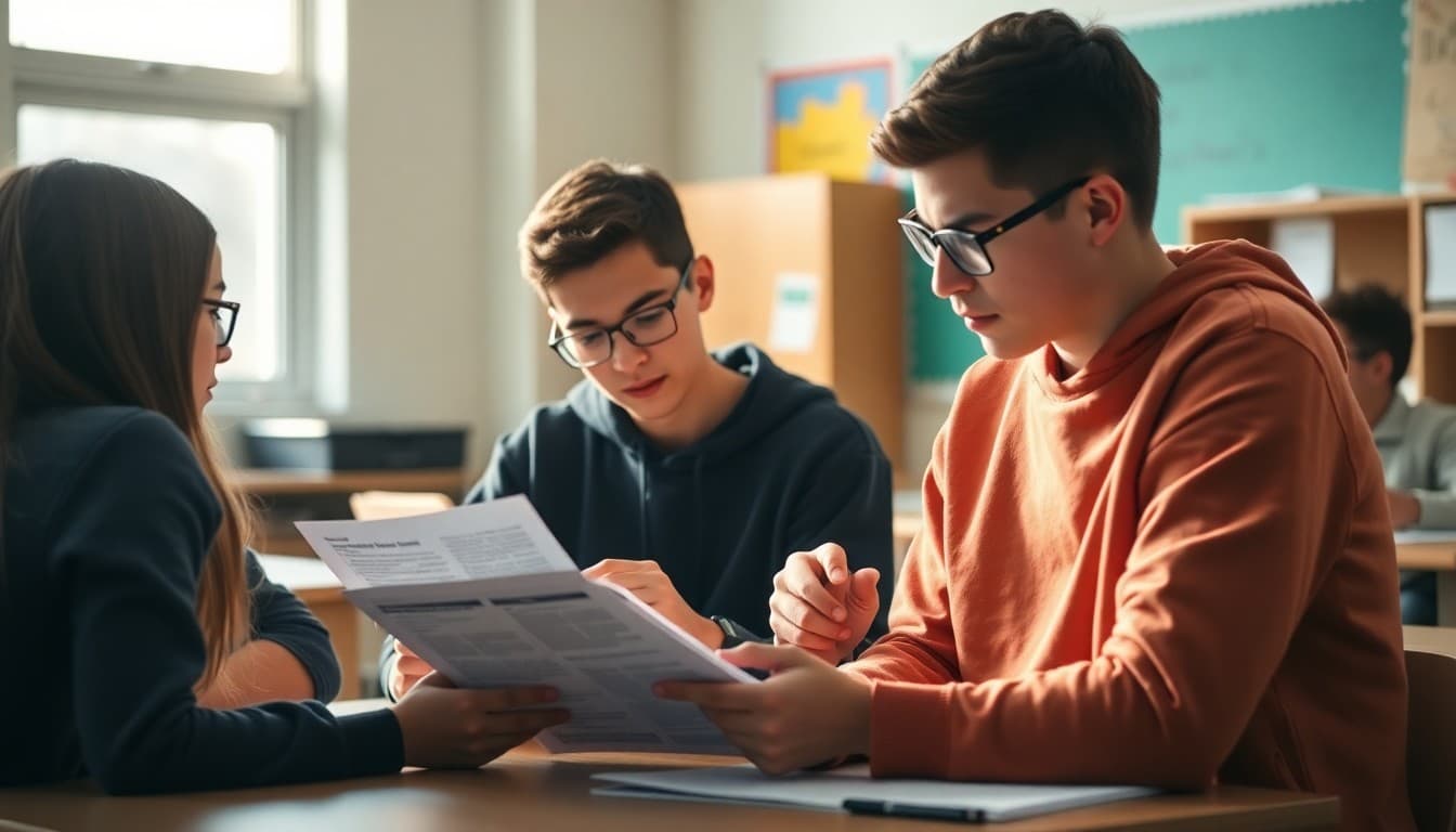 High school students reviewing psychological research materials in a social science classroom