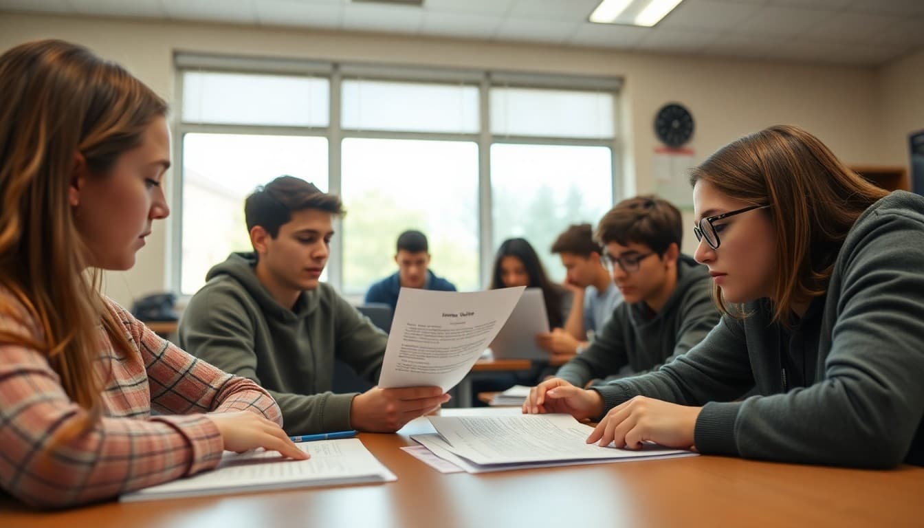 High school students reviewing insurance policy documents in a personal finance classroom