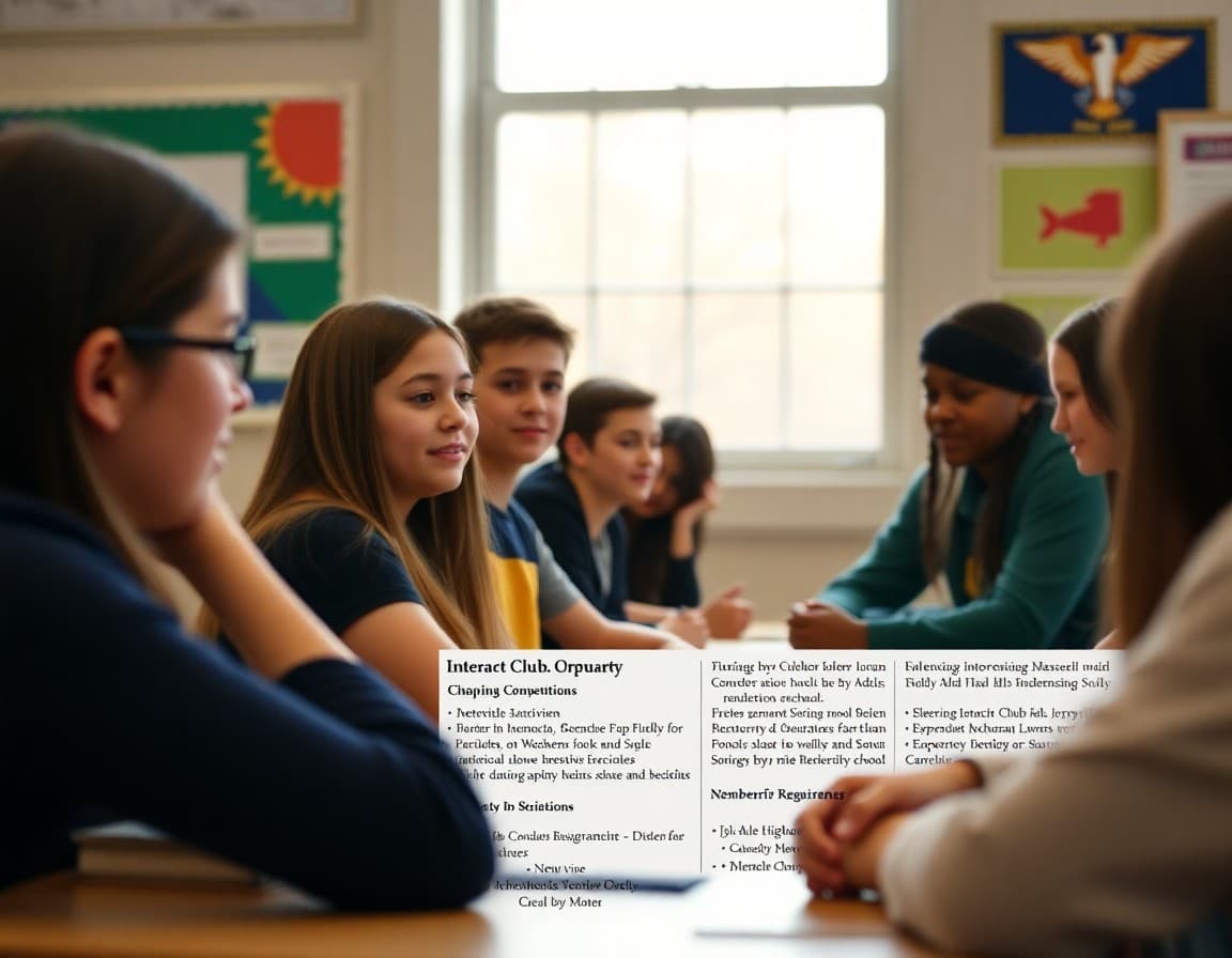 High school Interact Club newsletter showing chapter activities, upcoming competitions, and membership requirements