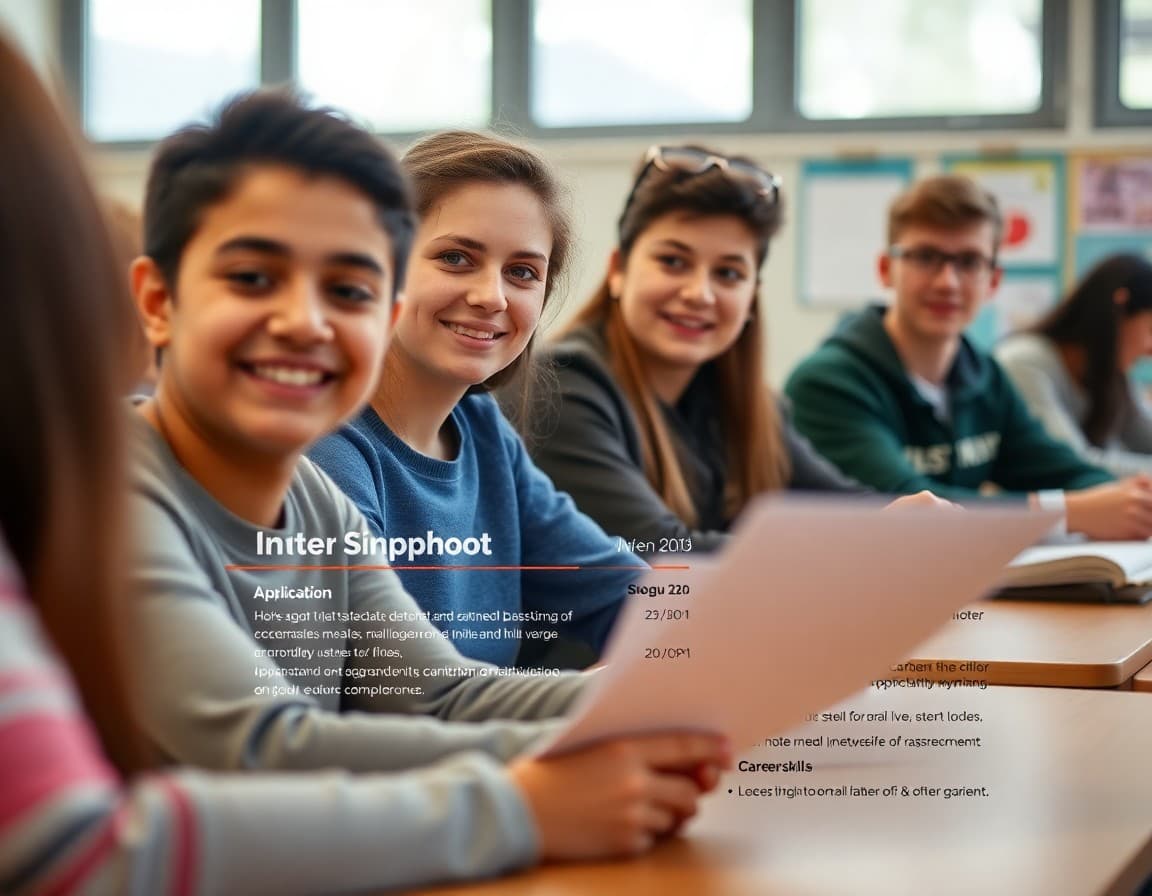 High school internship newsletter showing application timeline, eligibility requirements, and career skills