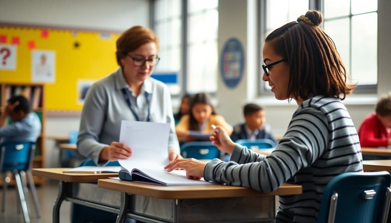 High school teacher reviewing internship application materials with a student at a classroom desk