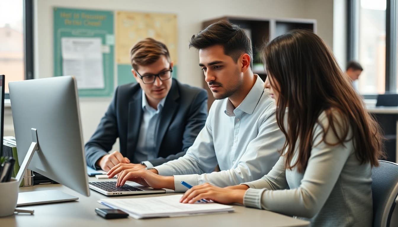 High school intern working alongside professional mentor at office desk with internship program coordinator
