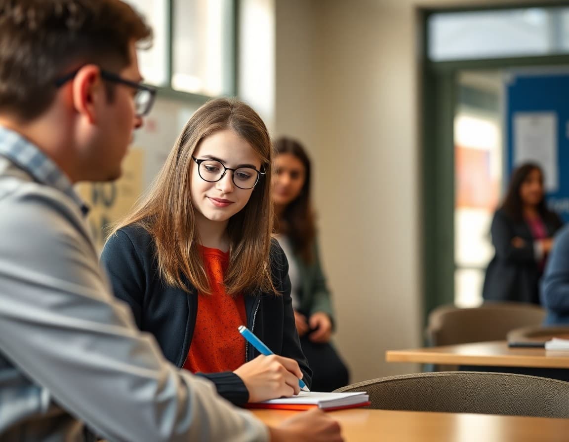 Student writing notes while accompanying a professional at a job shadow placement