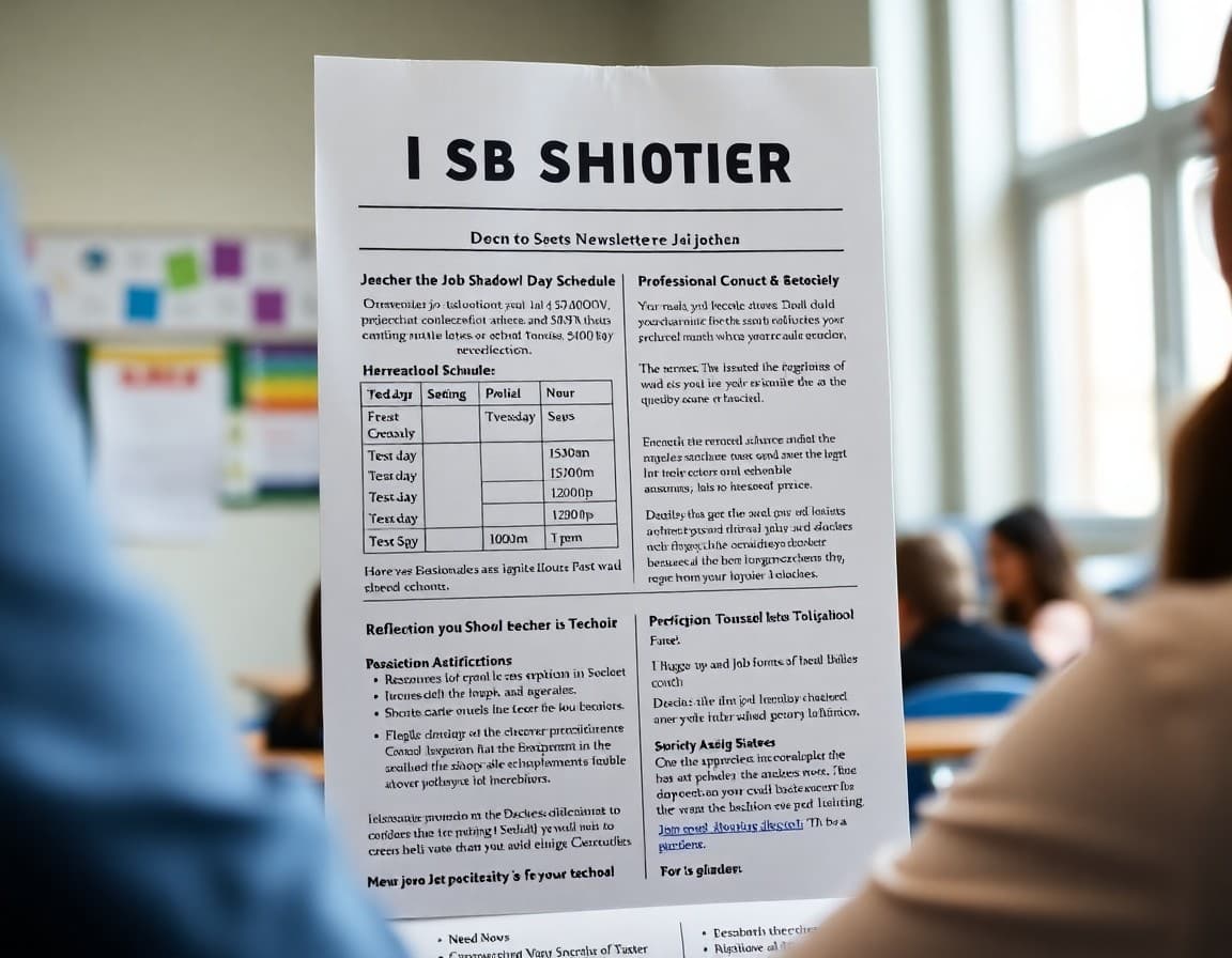 Teacher newsletter showing job shadow day schedule, professional conduct guide, and reflection assignment for students