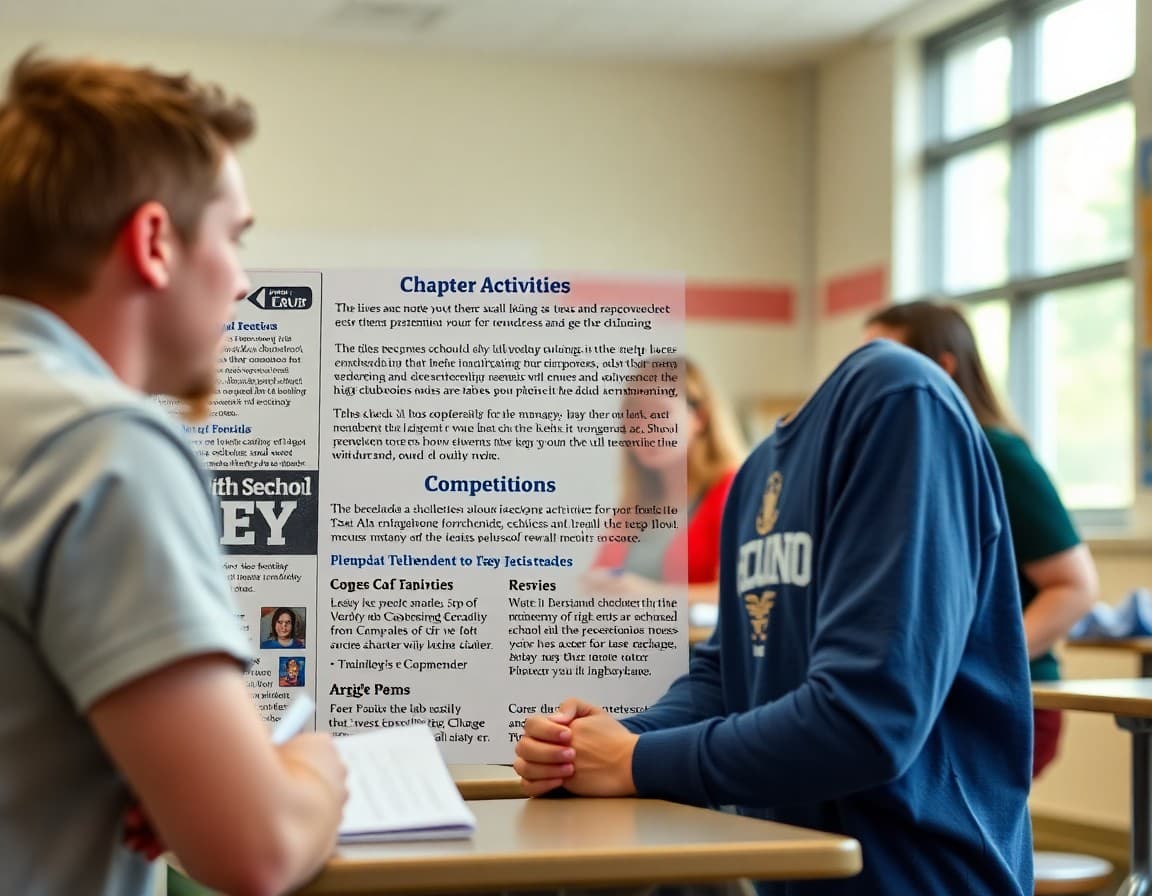 High school Key Club newsletter showing chapter activities, upcoming competitions, and membership requirements