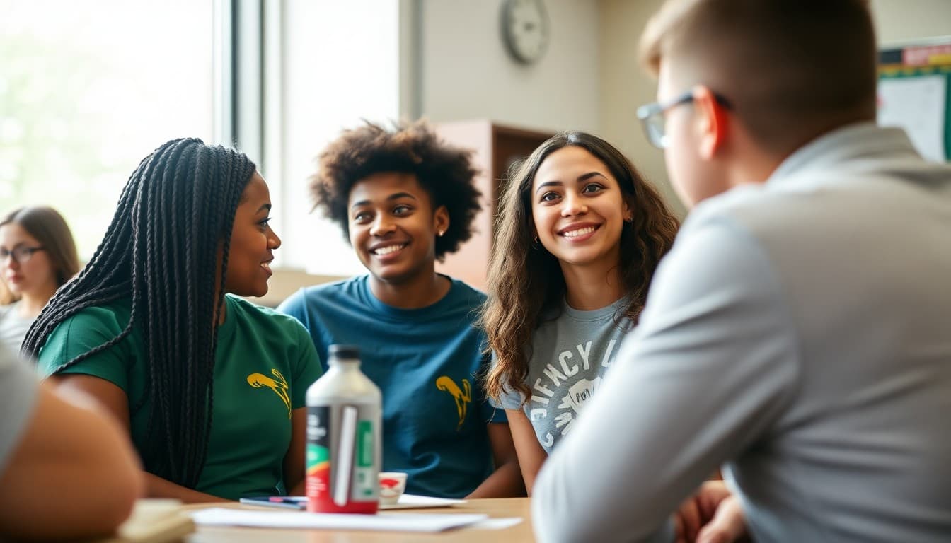High school Key Club members at a chapter meeting or community service event with faculty advisor visible