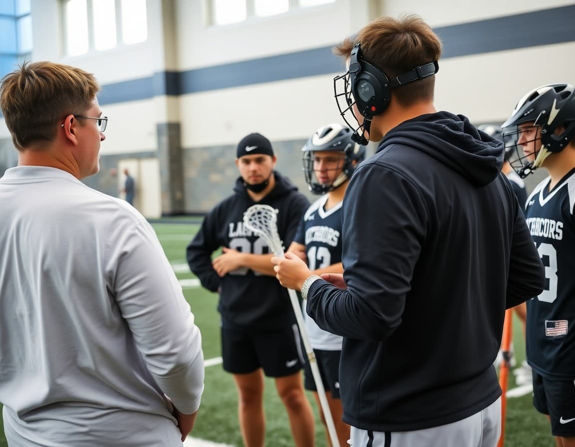 Lacrosse coach reviewing strategy with players on the sideline before a high school game