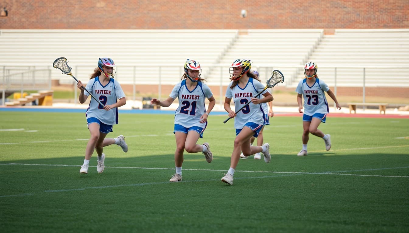 High school lacrosse players competing on a grass field in spring uniforms