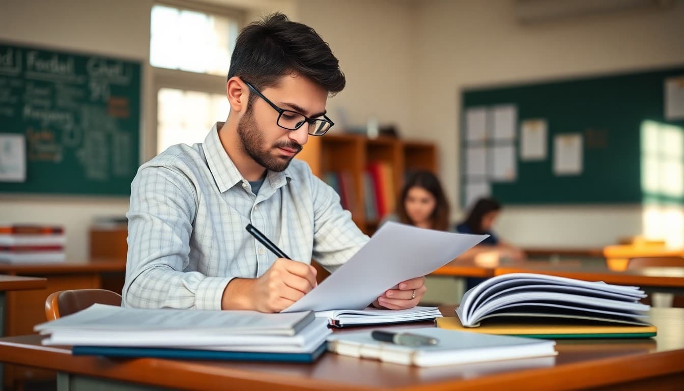 High school teacher writing a college recommendation letter at a desk with student portfolio nearby