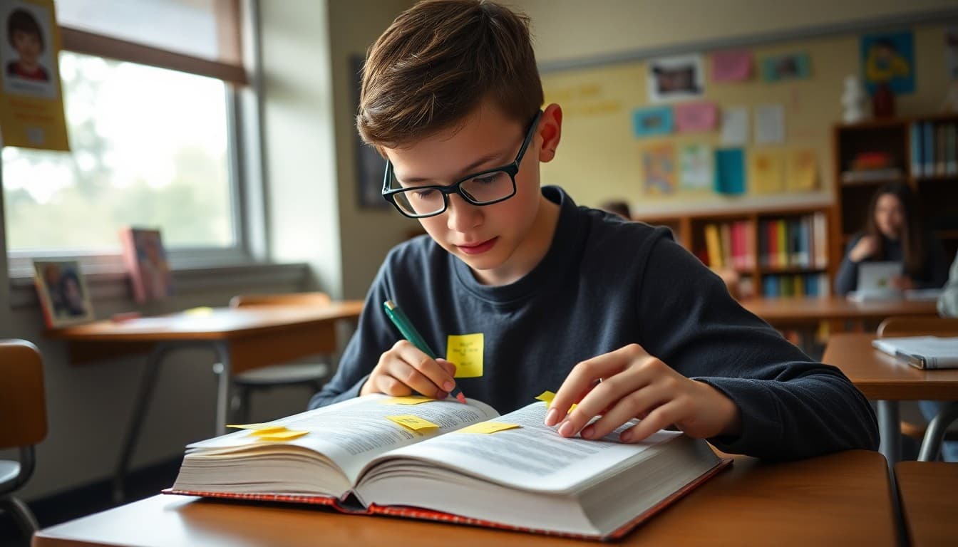 High school student annotating novel with sticky notes preparing for literary analysis essay