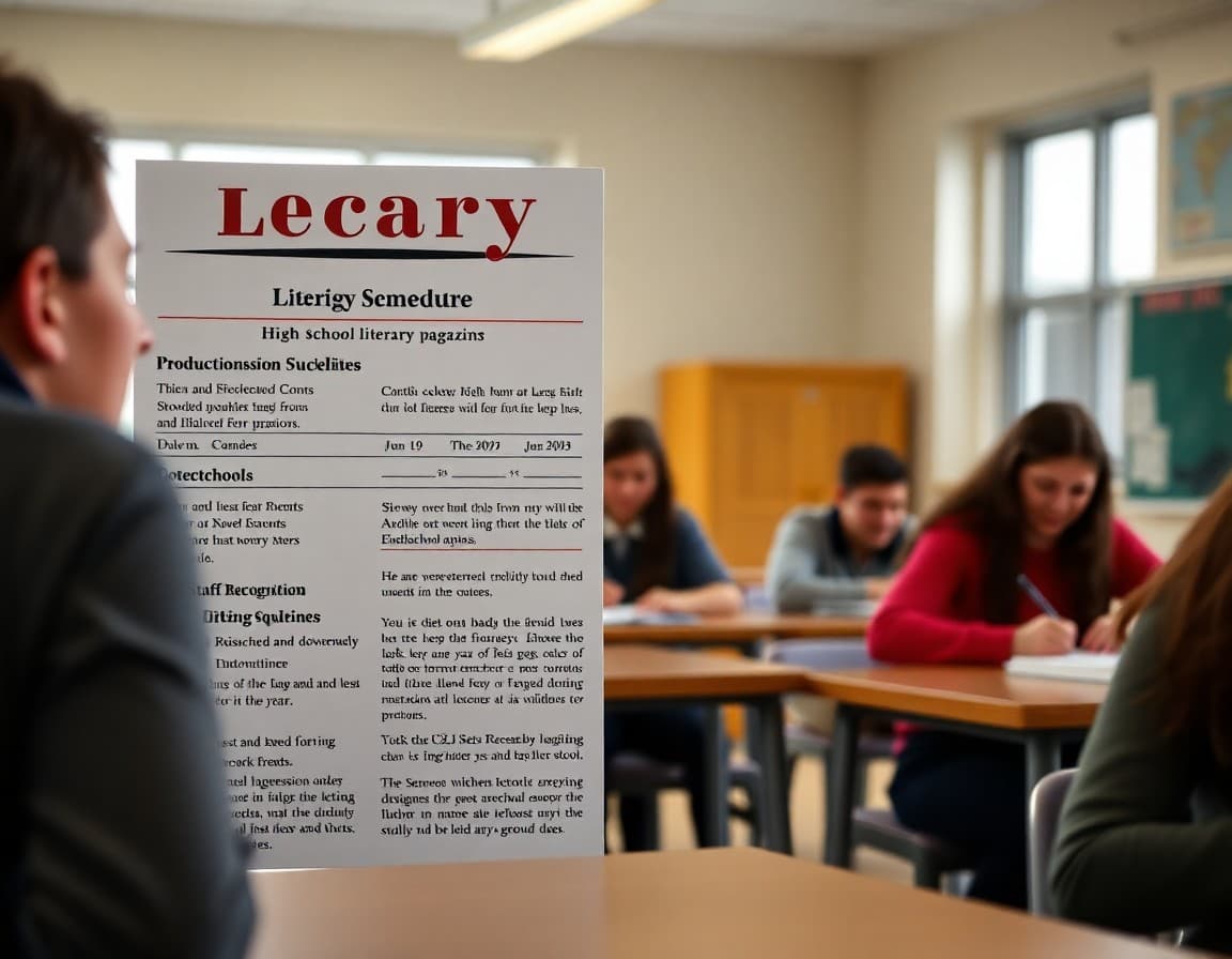 High school literary magazine newsletter showing production schedule, submission guidelines, and staff recognition