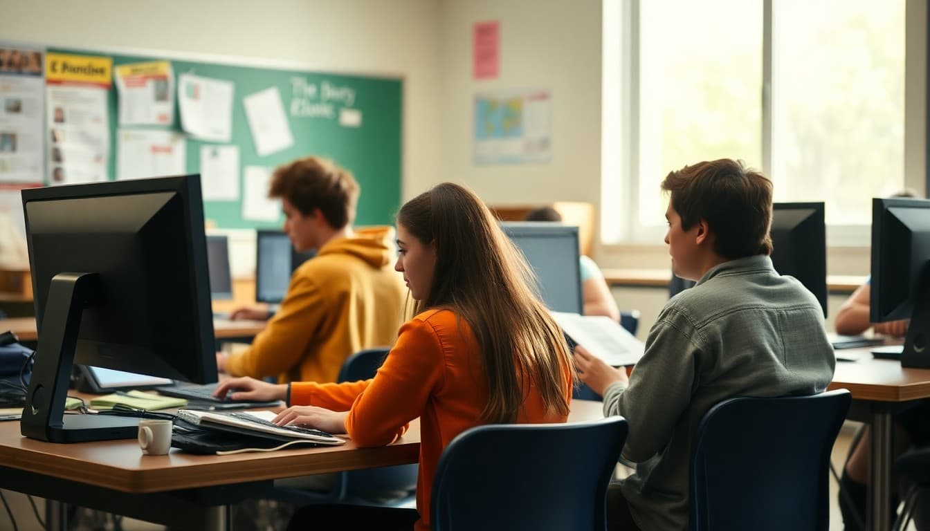 High school literary magazine staff working on layout and content at computers in a journalism classroom