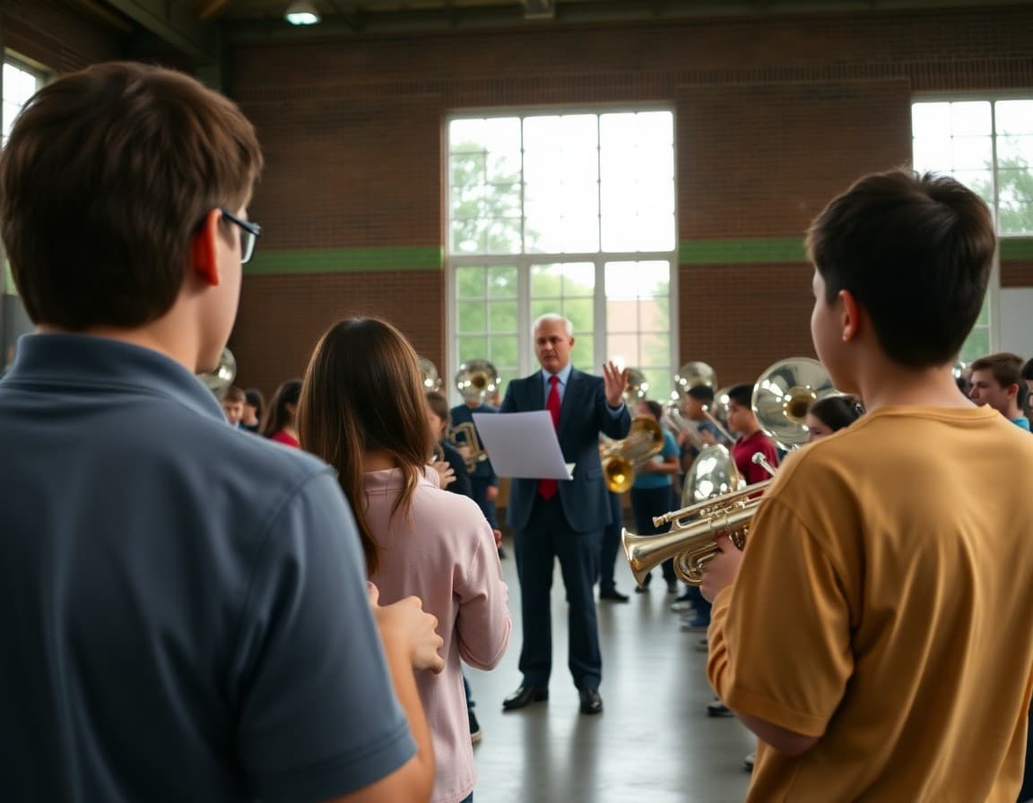 Band director conducting marching band students in formation during outdoor rehearsal
