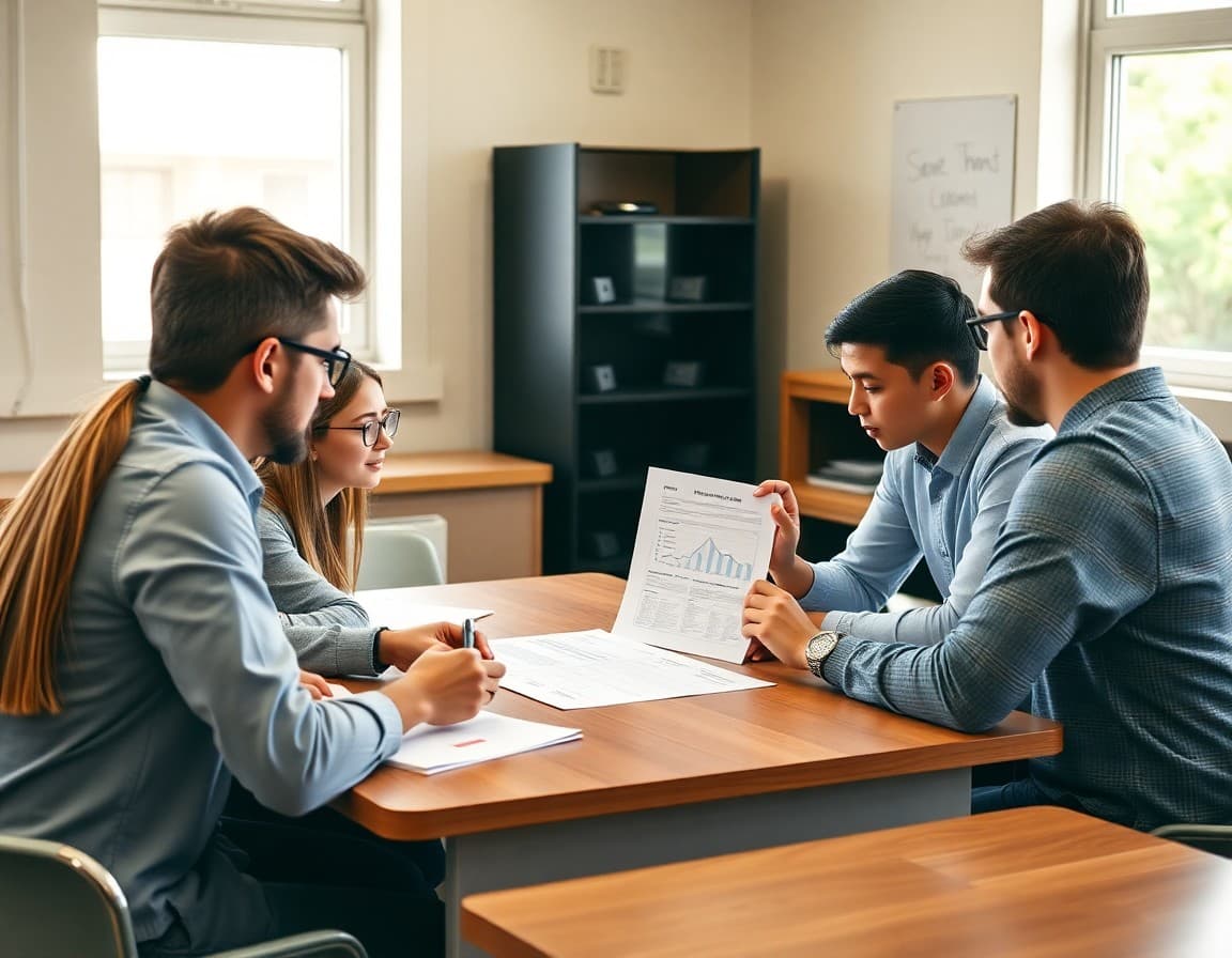 Business teacher reviewing a student marketing plan document with a team at a classroom table