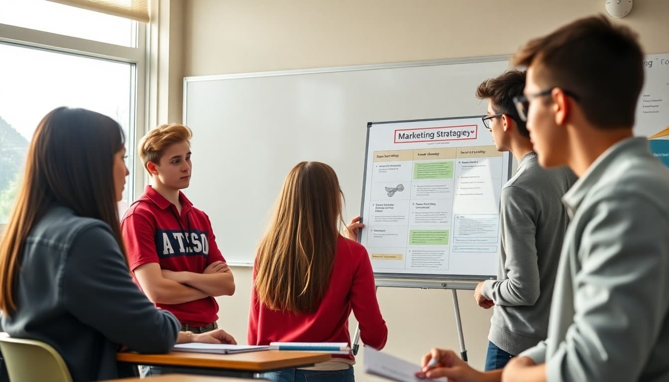 High school marketing students presenting a campaign strategy on a poster board in class
