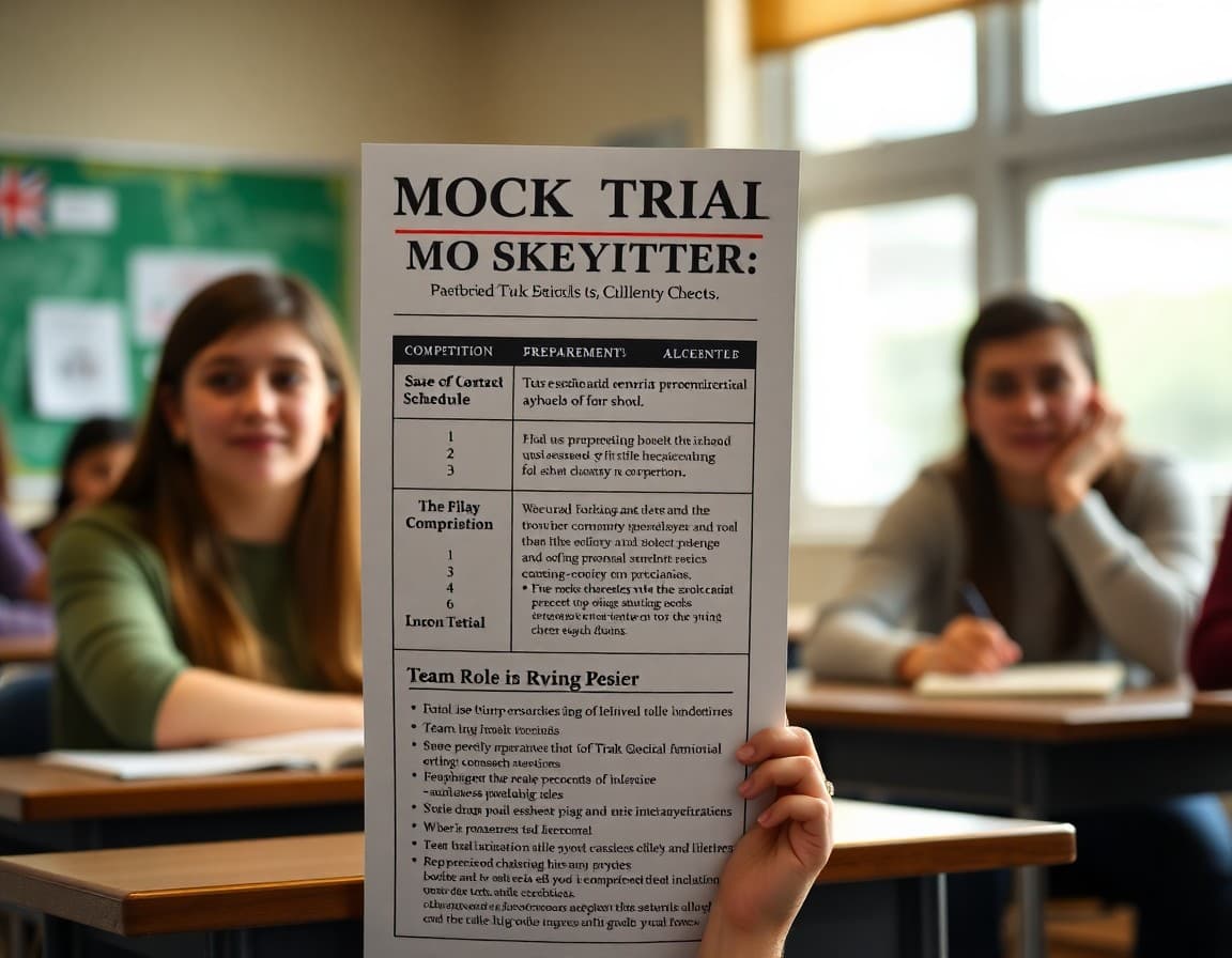 High school mock trial newsletter showing competition schedule, preparation requirements, and team roles