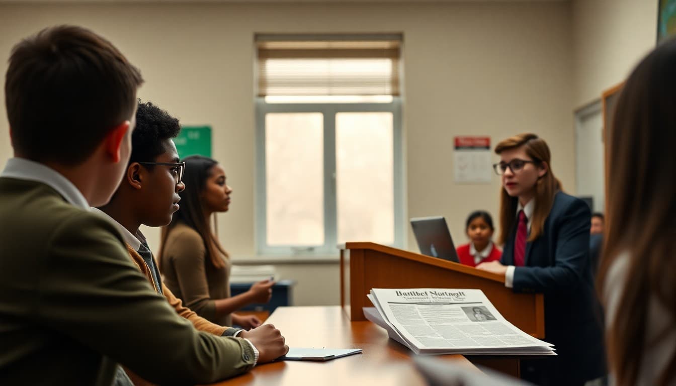 High school mock trial team practicing courtroom argument with teacher newsletter on podium