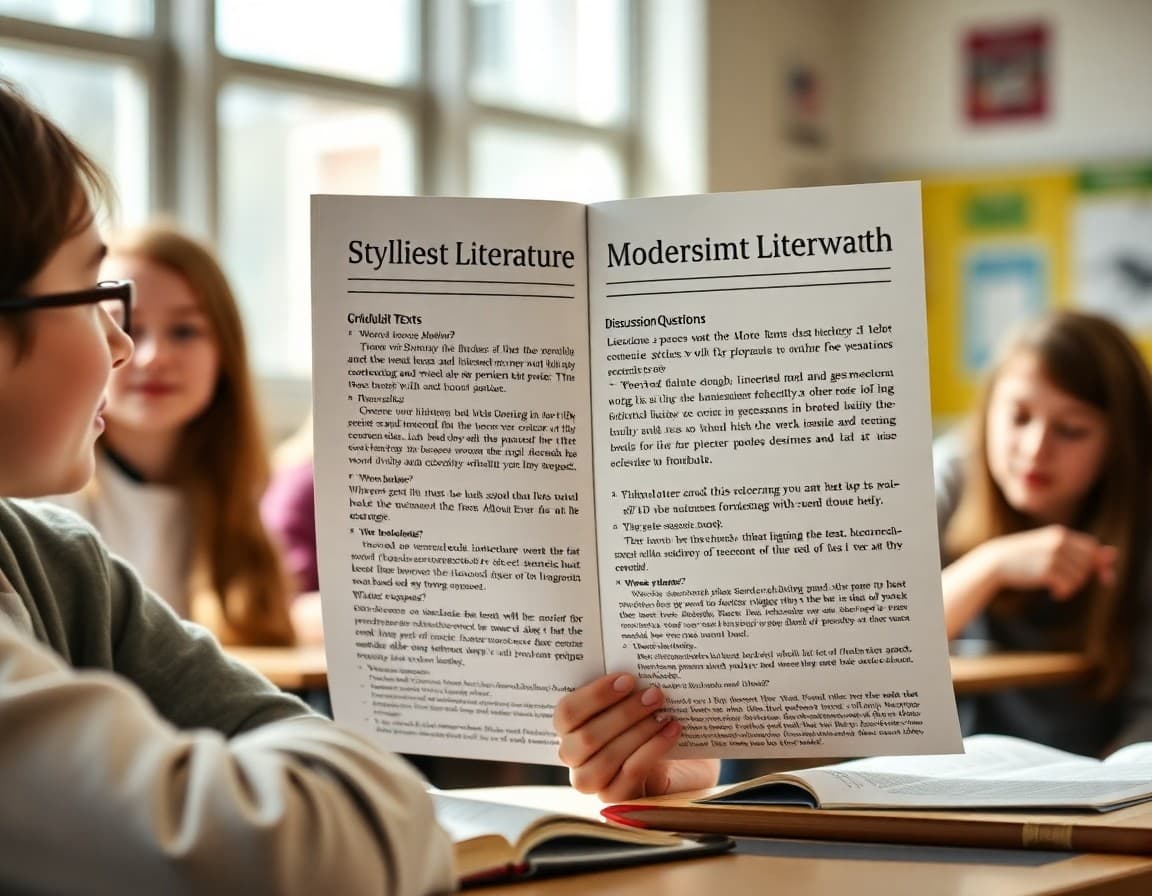 High school modernist literature newsletter showing unit texts, stylistic analysis framework, and discussion questions