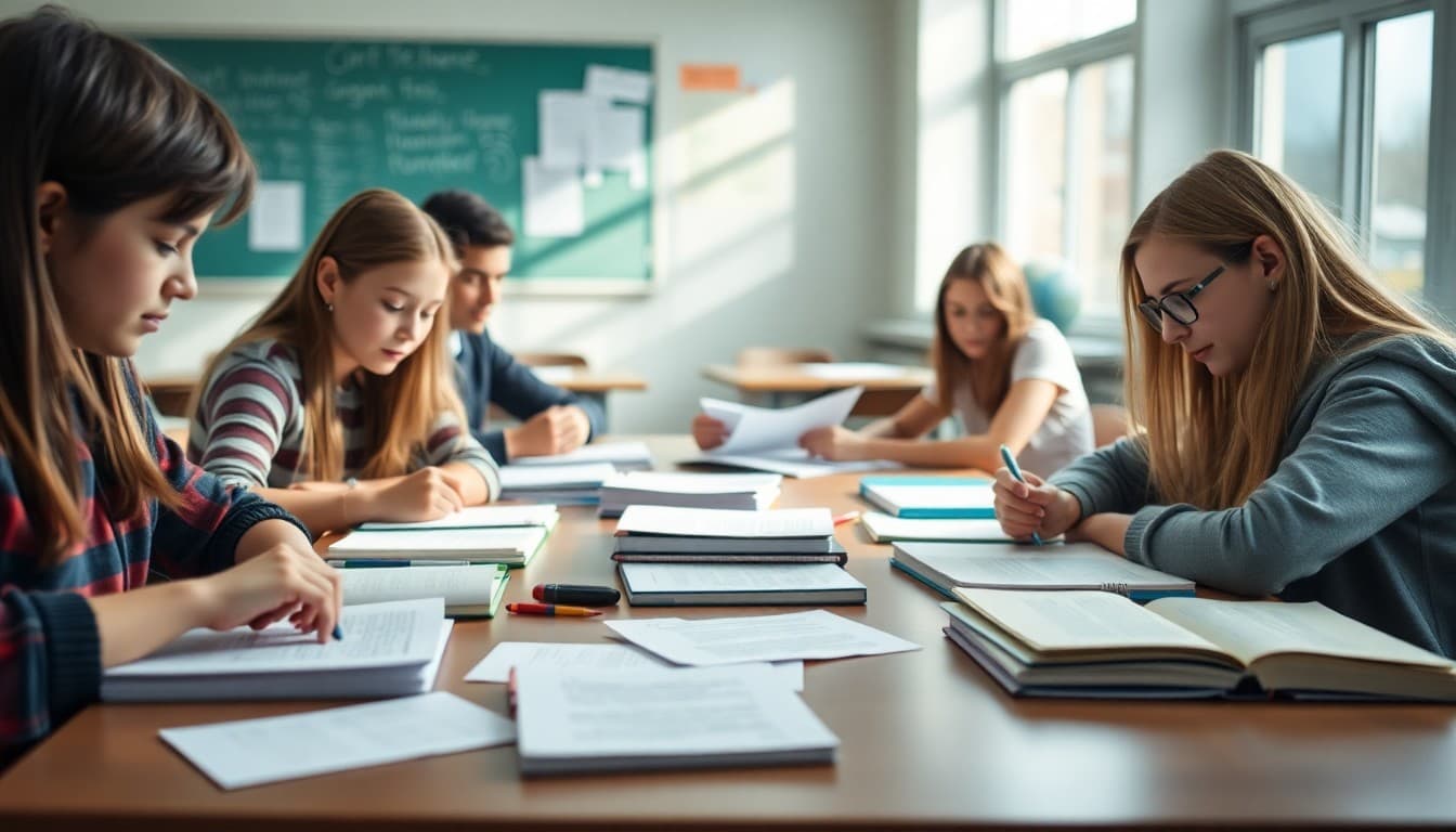 High school students arranging written pieces across different genres on a classroom table